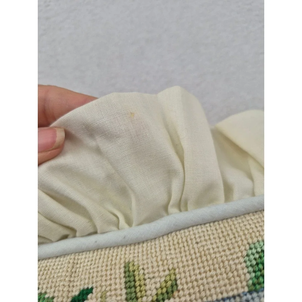 Vintage Floral Needlepoint Throw Pillow Cream Ruffled Edge Cottagecore 11x11